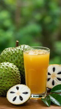 Freshly made soursop juice placed beside whole and sliced fruits in a vibrant garden setting