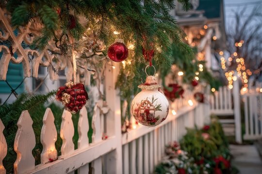 Colorful ornaments and string lights hanging on a fence during evening, festive outdoor decoration.