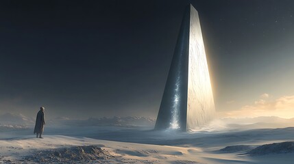 Solitary Figure Contemplates a Stark Monolith in an Extraterrestrial Landscape