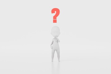 3D A Man thinking with a question mark icon. Minimal Cartoon white human sticky with red question mark isolated on white background. Looking for a solution. Decision and problem concept. 3d render.