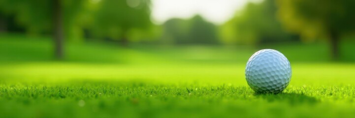 White golf ball sits on lush green, awaiting swing , macro, club