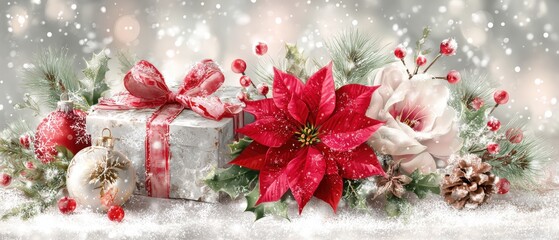 White gift box with red ribbon and festive decorations on a clean white background, studio lighting.