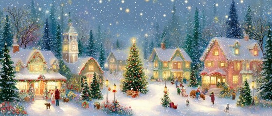 Festive Christmas village scene with a decorated tree and a church under soft daylight sky.