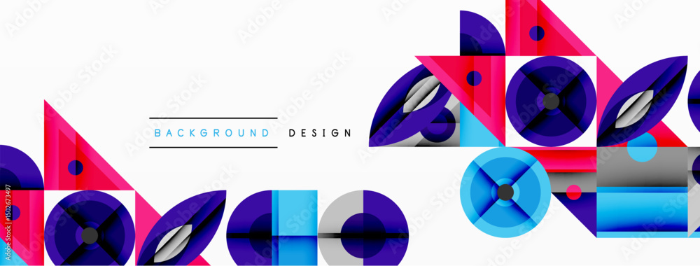 Poster abstract geometric shapes, vibrant colors, modern design. composition features circles, squares, lin