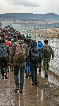 Refugees with backpacks walking in the mud next to a razor wire fence
