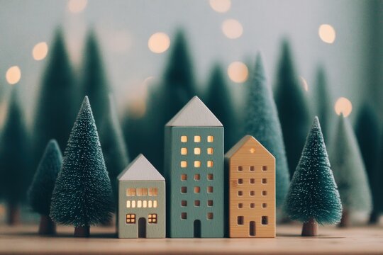 Miniature wooden houses and trees arranged in front of a decorated Christmas tree with warm lighting.