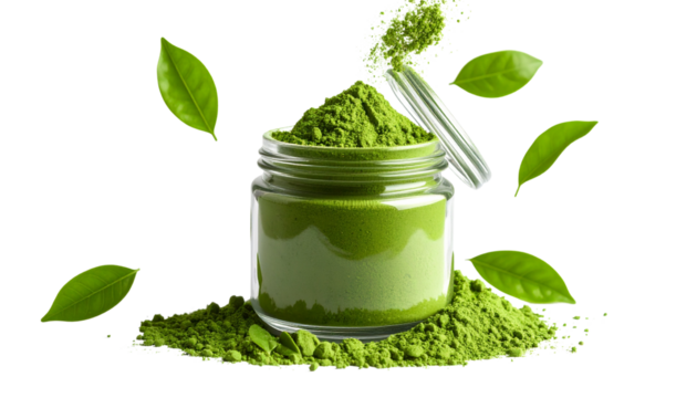 Green powder being poured into glass jar with fresh green leaves floating around, creating vibrant and dynamic scene isolated on solid white background Png