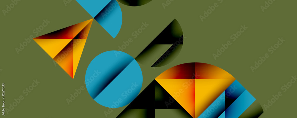 Aufkleber abstract geometric shapes overlap, creating dynamic composition. colors include blue, orange, teal, 