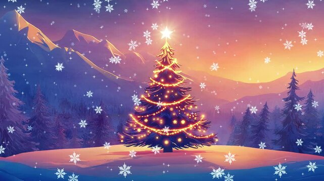 Decorated Christmas tree in snow covered winter landscape, snowflakes and xmas star in loopable slow motion animation