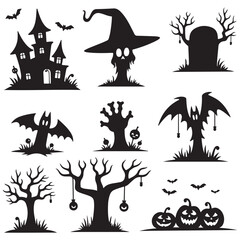 Collection of Halloween silhouettes. Haunted house, creepy tree, flying witch, pumpkins, halloween ghost,illustration vector design.