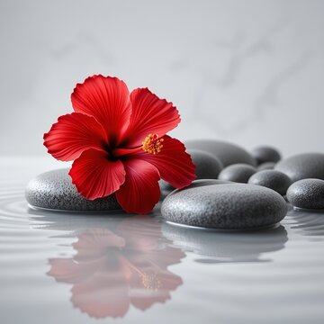 Red hibiscus flower resting on a white stone against a beige background. 