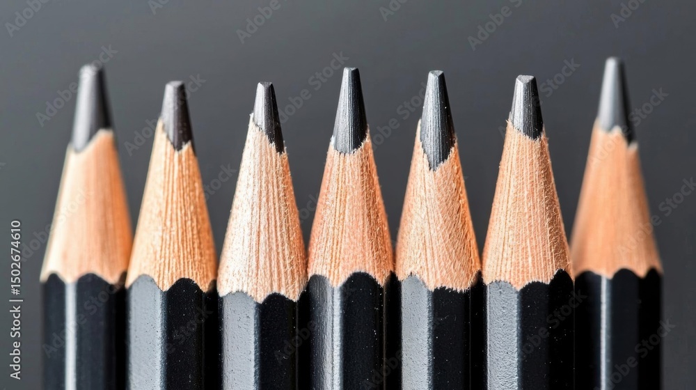Poster group of six pencils arranged in a row. the pencils are of different sizes and shapes, with the larg