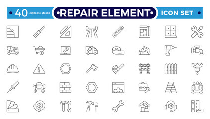 Repair Element outline icon set. Containing fix, maintenance, toolbox, assistance, broken, troubleshoot, patch, and repairman service icons. Editable stroke outline icon.
