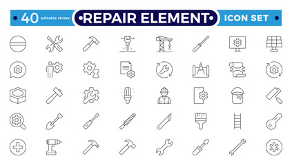 Repair Element outline icon set. Containing fix, maintenance, toolbox, assistance, broken, troubleshoot, patch, and repairman service icons. Editable stroke outline icon.
