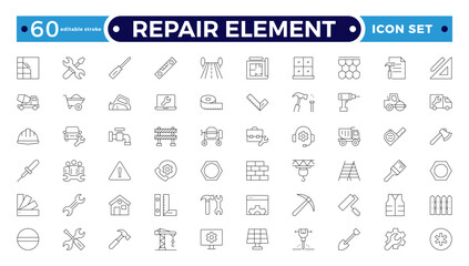Repair Element outline icon set. Containing fix, maintenance, toolbox, assistance, broken, troubleshoot, patch, and repairman service icons. Editable stroke outline icon.
