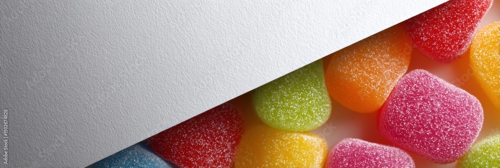 Poster colorful gummy texture 3d sticker elements positioned on a matte surface with an open right margin