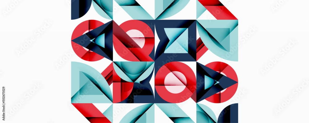 Poster Abstract geometric pattern. Red, blue shapes interlock creating dynamic composition. Clean lines, modern aesthetic. Minimalist design.