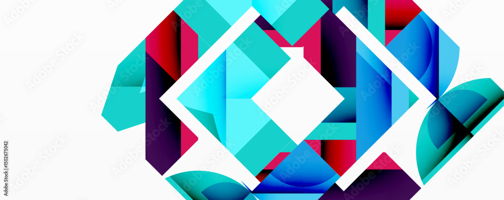 Poster Abstract geometric composition. Blue, teal, purple hues dominate. Shapes overlap creating dynamic visual effect. Modern design.