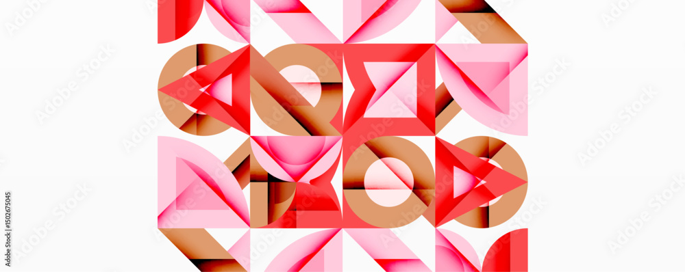 Poster Abstract geometric shapes, pinks, reds, browns dominate composition. Interlocking forms create complex visual texture. Minimalist style.