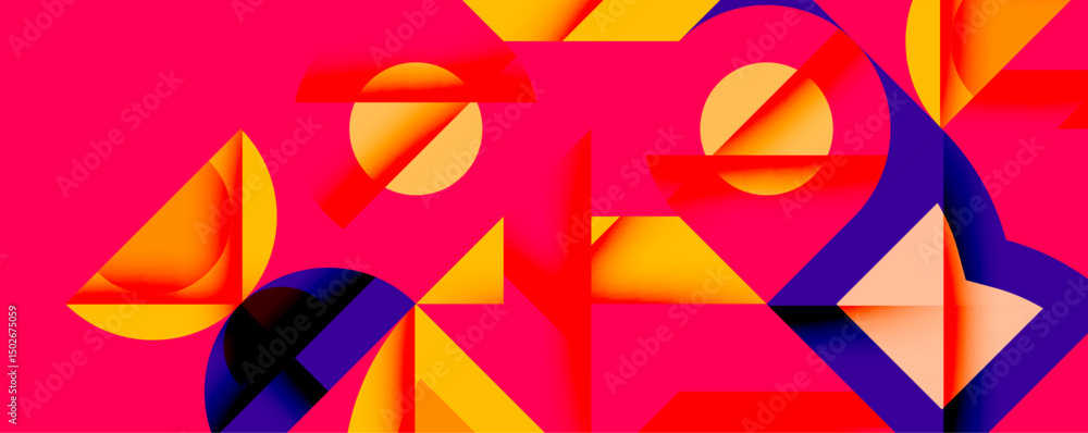 Poster abstract geometric shapes dominate vibrant pink background. orange, purple elements create dynamic c