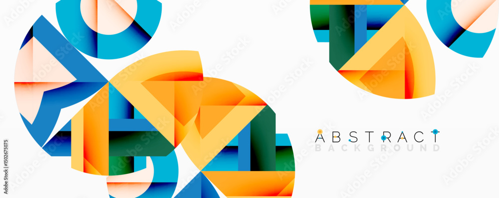 Poster Bright geometric shapes overlap, creating dynamic abstract composition. Vivid colors dominate white space. Modern design element.