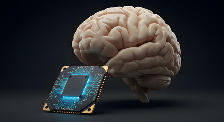 Human brain and glowing microchip symbolizing brain-computer interface