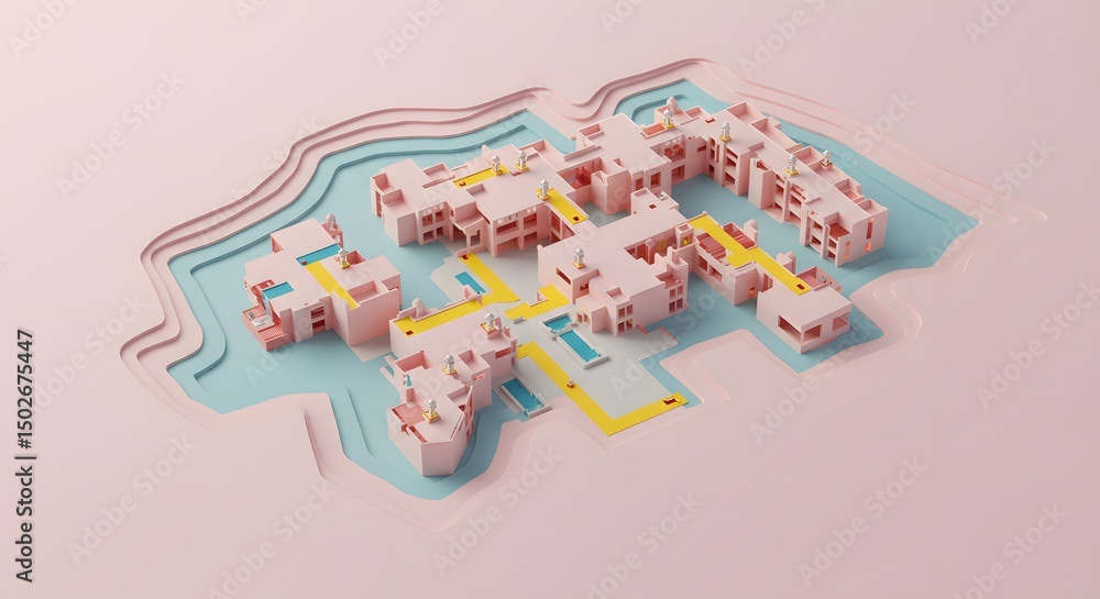 Poster pink architectural masterpiece: a 3d model of a modern resort complex with pools and pathways