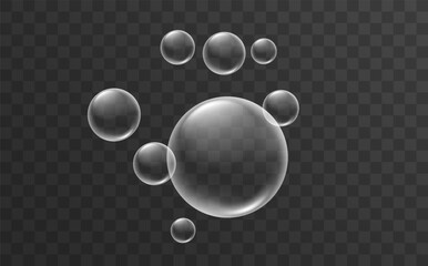Realistic water bubbles with reflections. Clear water drop or soap bubble.