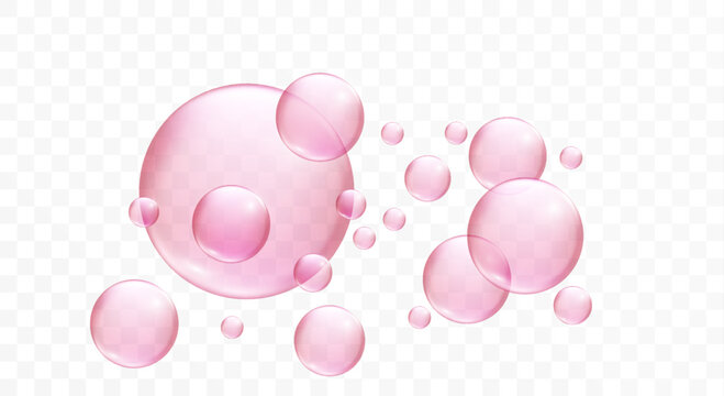 Pink fizzy bubbles and collagen drops on white background. Sweet bubble gum inspired transparent spheres with hyaluronic acid and glycerin oil effects.