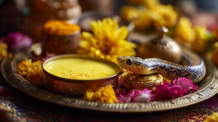 Nag Panchami, close-up pooja thali with turmeric, milk, incense, flowers, snake statue, Ai generated images