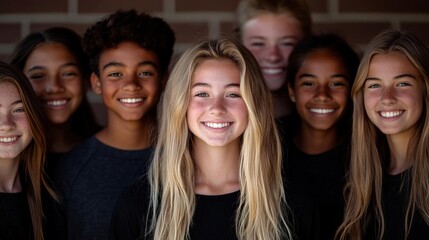 Obraz premium Group portrait of a group of young children, all of whom are smiling and looking at the camera. the children are of different ages and ethnicities, and they are standing in front of a brick wall.