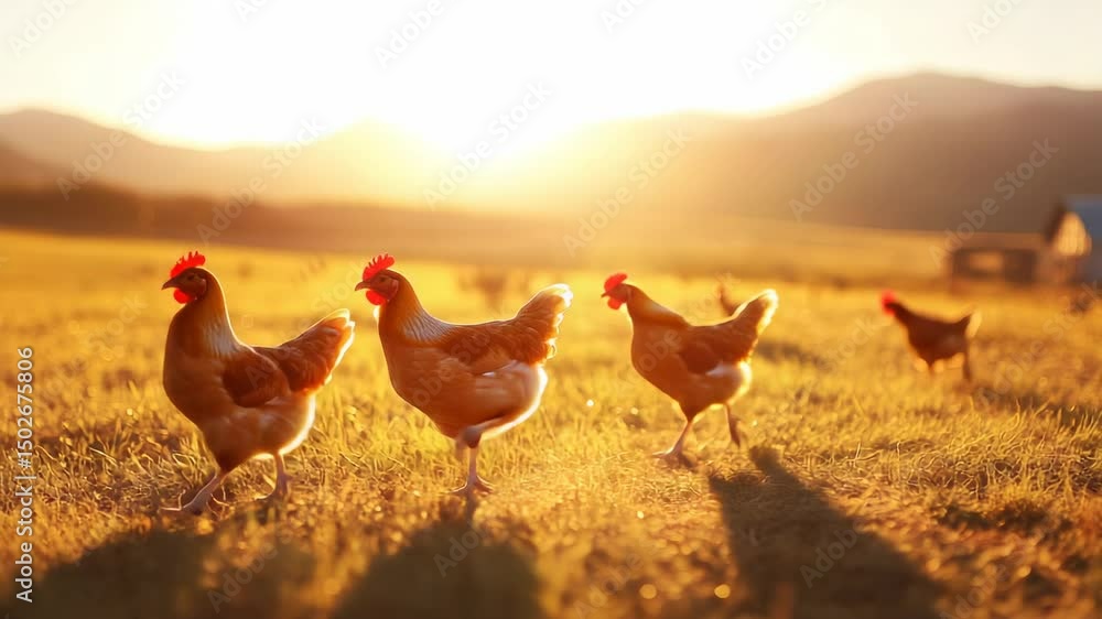 Poster brown hens are walking on grass in a field during a beautiful sunset, creating long shadows, evoking