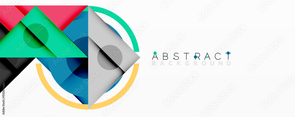 Poster Geometric shapes overlap, creating vibrant abstract composition. Circles, squares, triangles form modern design elements. Clean aesthetic.