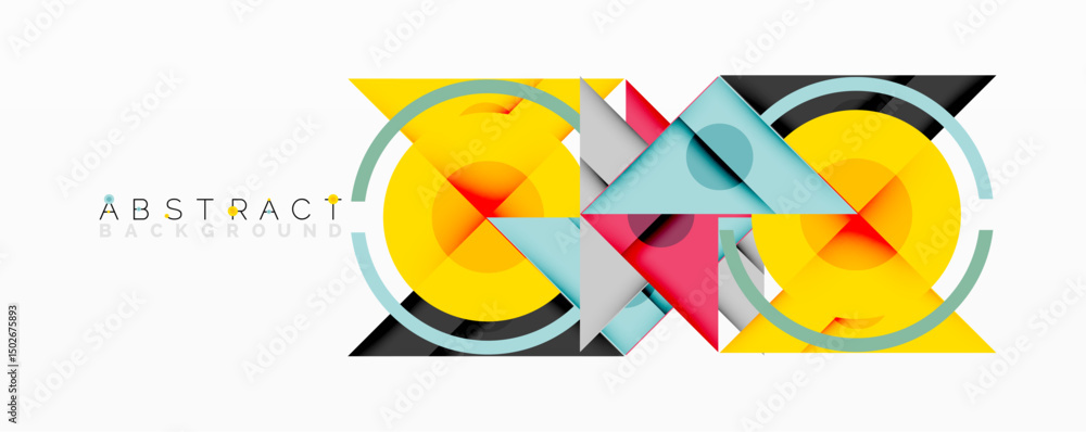 Poster Bright abstract design features layered geometric shapes. Yellow, blue, pink elements create dynamic composition. Modern visual style.