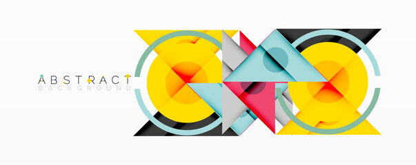 Bright abstract design features layered geometric shapes. Yellow, blue, pink elements create dynamic composition. Modern visual style.