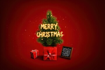 Merry Christmas tree with wrapped presents and a chalkboard on vibrant red background, festive holiday decor.