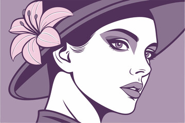 Elegant Woman with Lily Flower and Hat Stylish Floral Portrait Illustration