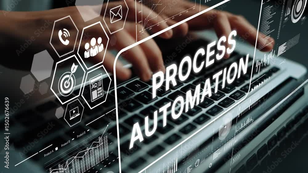 Poster hands typing on laptop with graphics symbolizing process automation and digital transformation. asym