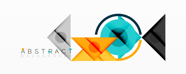 Modern abstract design features geometric shapes, vibrant colors, clean lines. Composition evokes dynamic visual experience.