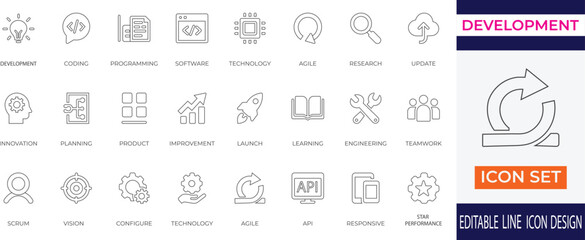 A modern and minimal stroke icon set covering key aspects of development, software engineering, agile processes, product planning, and innovation. Perfect for tech presentations and workflow visuals.