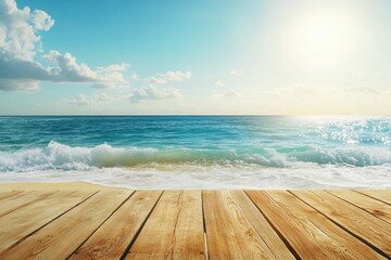 A wooden platform extends out towards a calm ocean with gentle waves, a bright blue sky, and the sun shining above