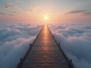 &ldquo;Wooden bridge stretching endlessly through the clouds, supported by nothing but floating platforms, ambient warm light glowing in the distance