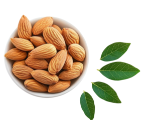 almonds in bowl with leaves on white background