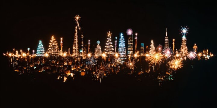 Aerial night view of a brightly lit cityscape with illuminated buildings and streets. - Powered by Adobe
