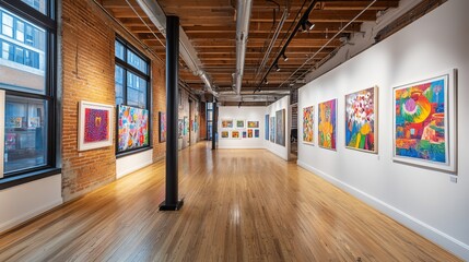 Vibrant Abstract Art Exhibition in a Historic Brick Building