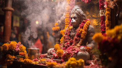Sankat Mochan Hanuman Jayanti, beautifully decorated Hanuman idol in temple with marigold flowers, Ai generated images