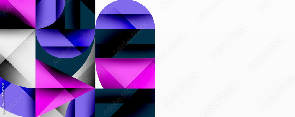 Poster Abstract geometric pattern. Purple, blue hues dominate composition. Shapes overlap creating dynamic visual effect. Minimalist design.