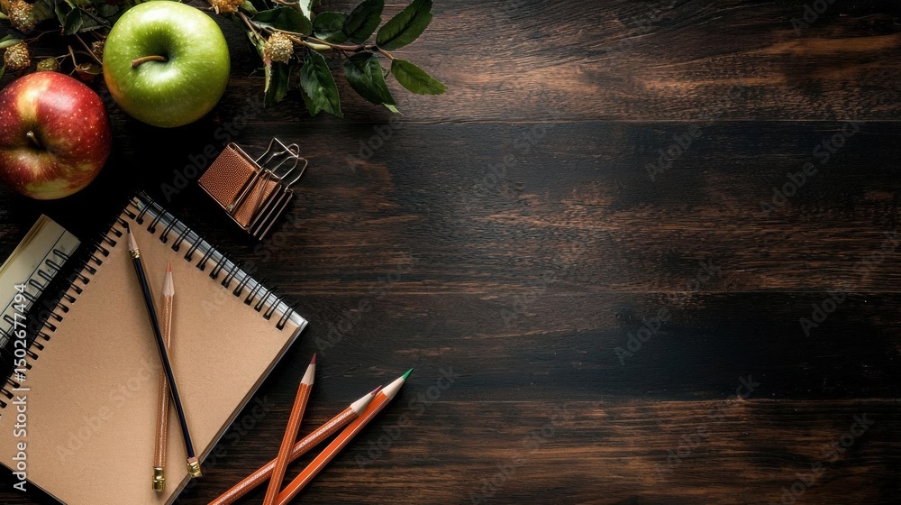Poster flat lay of a wooden table with various stationery items scattered on it. on the left side of the im