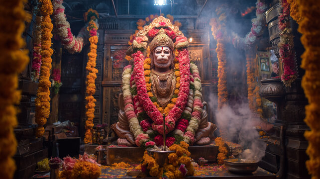 Sankat Mochan Hanuman Jayanti, beautifully decorated Hanuman idol in temple with marigold flowers, Ai generated images