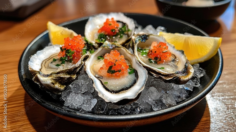 Poster plate of oysters on the half shell. the oysters are arranged in a circular pattern on a bed of ice. 